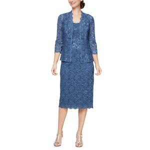 149$ SL Fashions 2 Pieces Lace Jacket & Midi Dress Set Women's Size 14 Med Blue